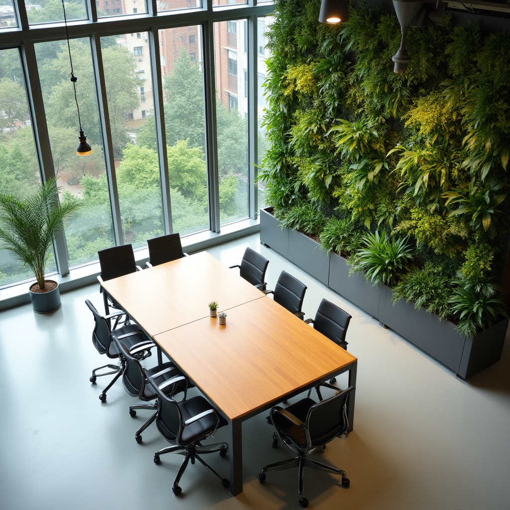 Overhead view of a bright, plant-filled office space in Atlanta with a meeting table