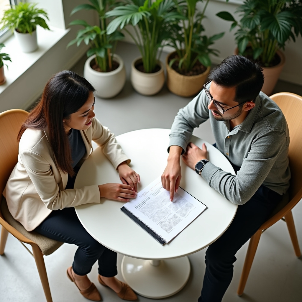 Overhead view of a relaxed conversation between two professionals reviewing a proposal document