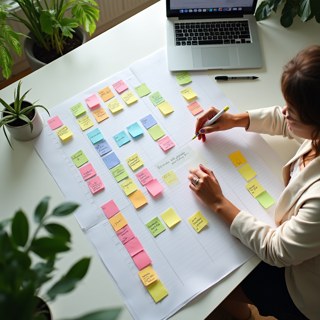 Overhead view of a pipeline planning board with colored sticky notes arranged in columns