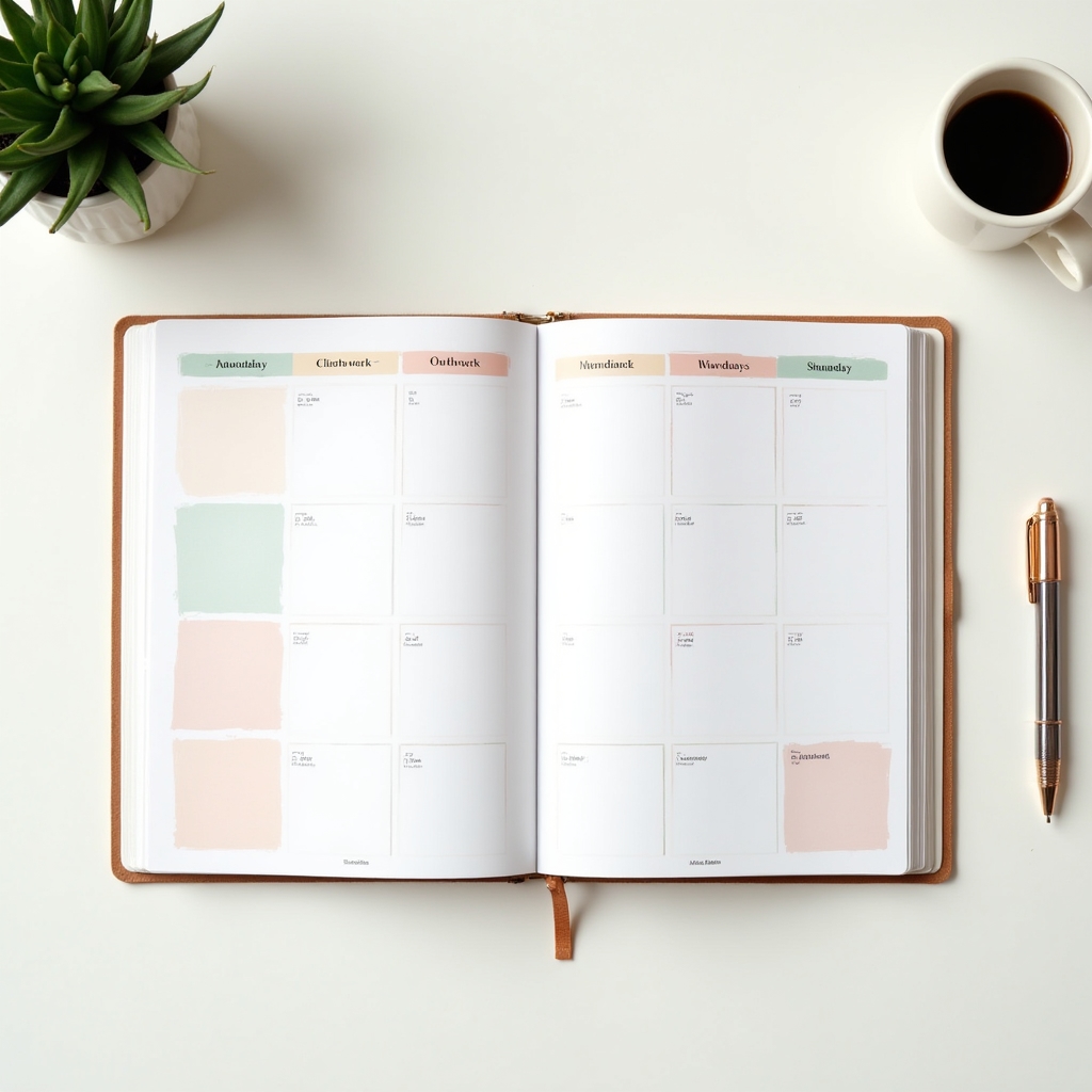 Overhead flatlay of a weekly planner, coffee cup, and pen arranged on a light desk